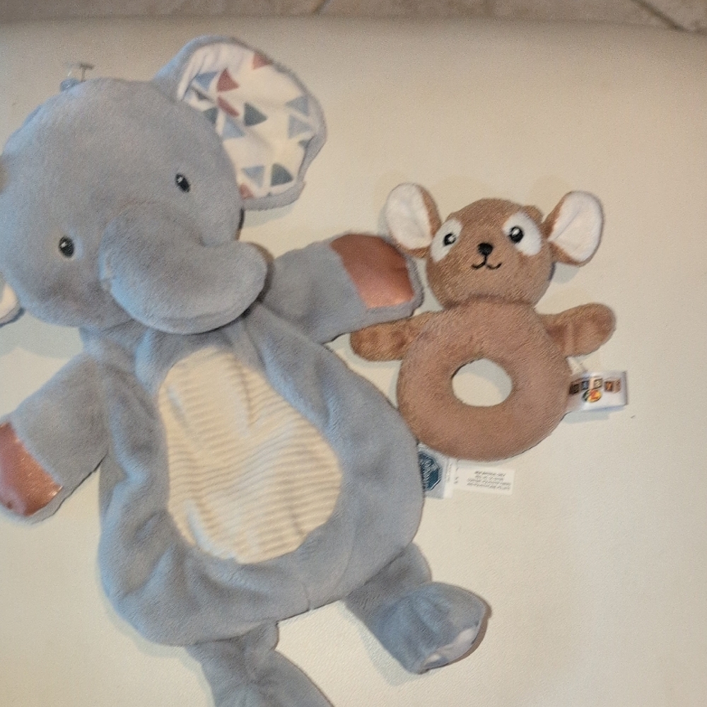 Cuddly Elephant and Mouse Plush Toy Set - Blue and Brown